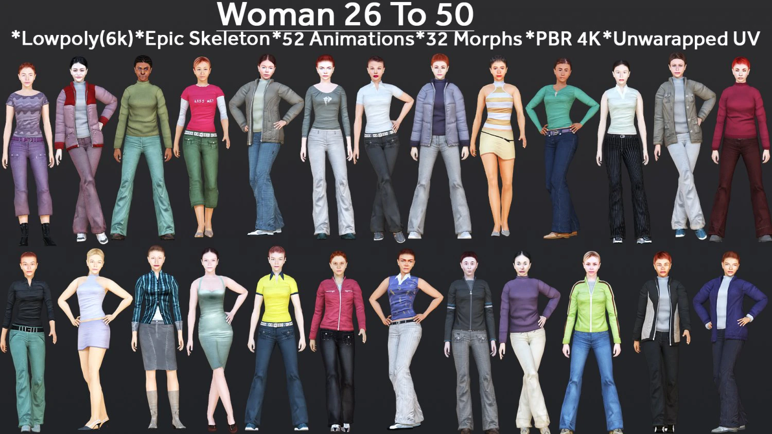 Woman 26 To 50 With 52 Animations 32 Morphs 3D Model .c4d .max .obj .3ds .fbx .stl .blend 