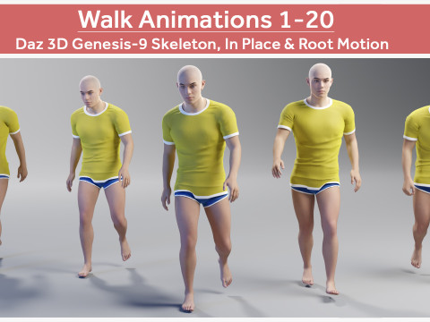 20 animations de marche pour Daz Genesis 9 Modèle 3D