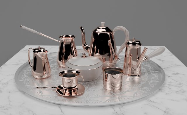 copper coffee set on white metal tray Modèle 3D .c4d .max .obj .3ds .fbx .stl .blend 