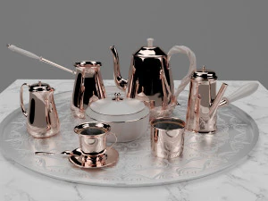 सफेद धातु की ट्रे पर कॉपर कॉफी सेट 3D मॉडल