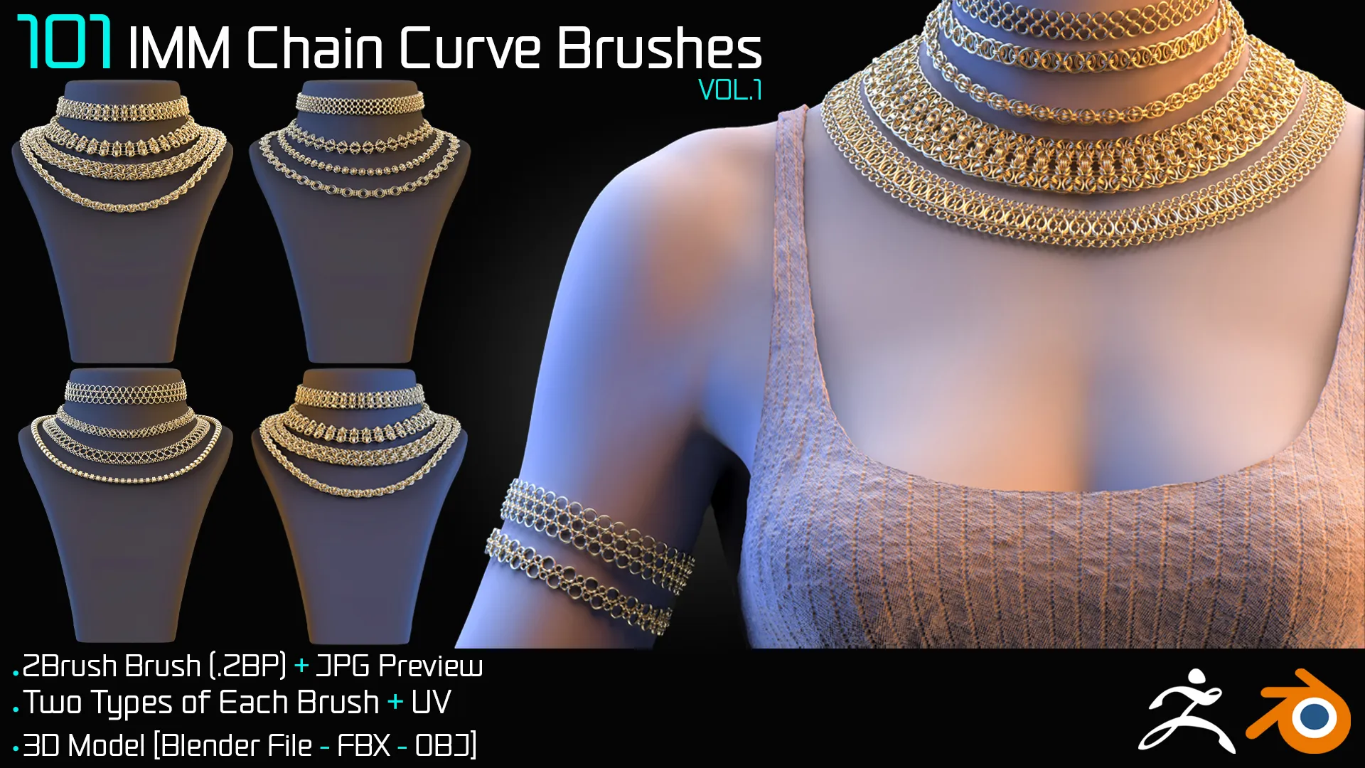 101 IMM Chain Curve Brushes For ZBrush - Vol01 3D Model .c4d .max .obj .3ds .fbx .stl .blend 