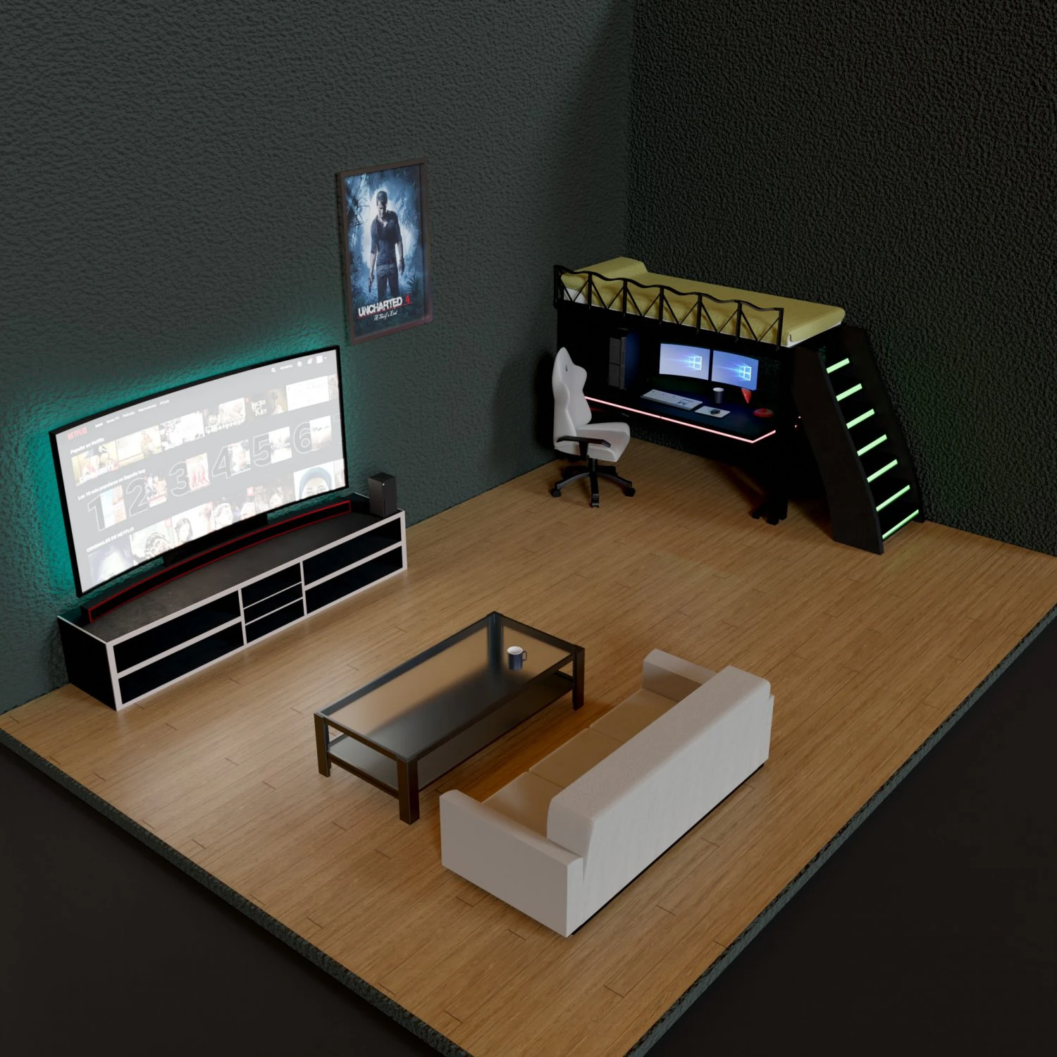 Bedroom gaming 3D Model .c4d .max .obj .3ds .fbx .stl .blend