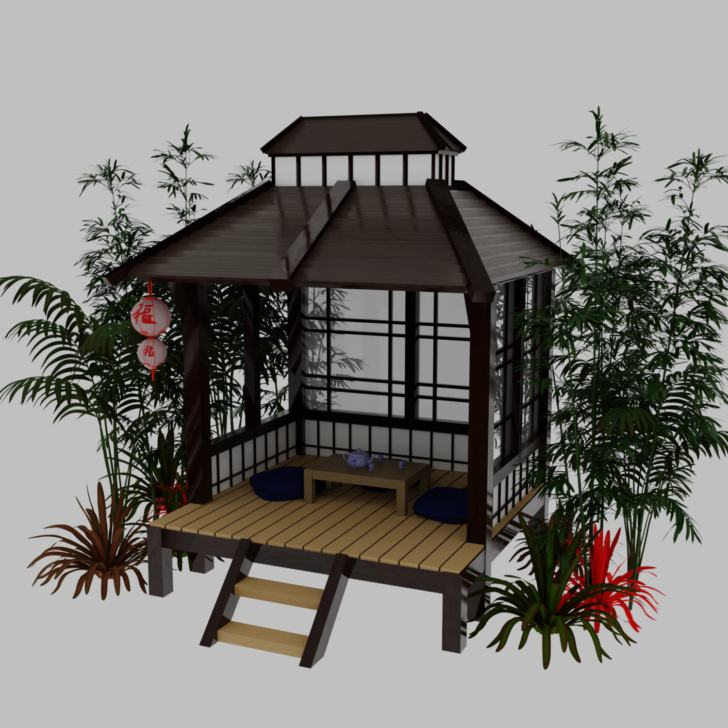 Japanese Garden Gazebo Structure Teahouse Viewing Pavilions Low-poly 3D Model .c4d .max .obj .3ds .fbx .stl .blend 