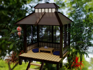 Japanese Garden Gazebo Structure Teahouse Viewing Pavilions Low-poly 3D Model