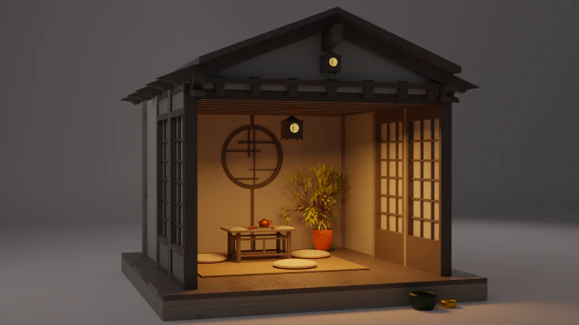 Padiglioni per la visualizzazione del giardino giapponese, costruzione di una casa da t&egrave; Low-poly Modello 3D .c4d .max .obj .3ds .fbx .stl .blend 