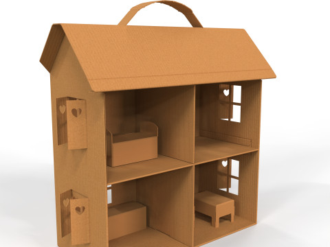 Handcrafted Cardboard House with Miniature Furniture 3Dモデル