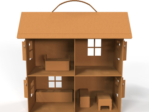 Handcrafted Cardboard House with Miniature Furniture 3D Model