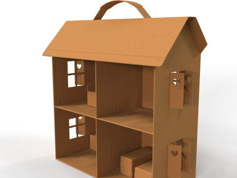 Handcrafted Cardboard House with Miniature Furniture 3D Model