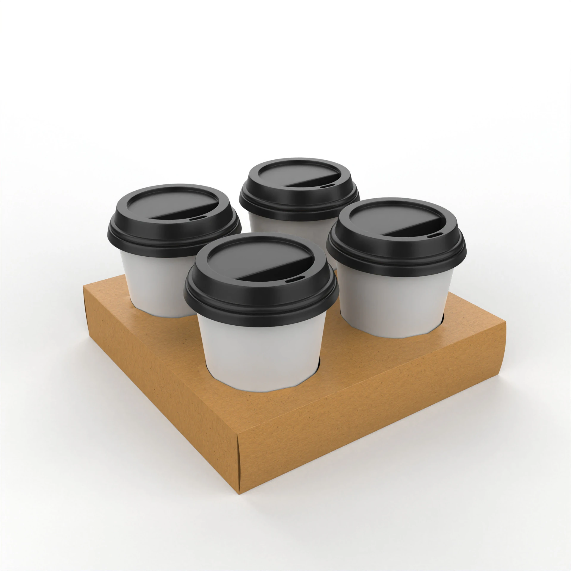 Four Coffee Cups with Kraft Paper Holder 3D Model .c4d .max .obj .3ds .fbx .stl .blend 