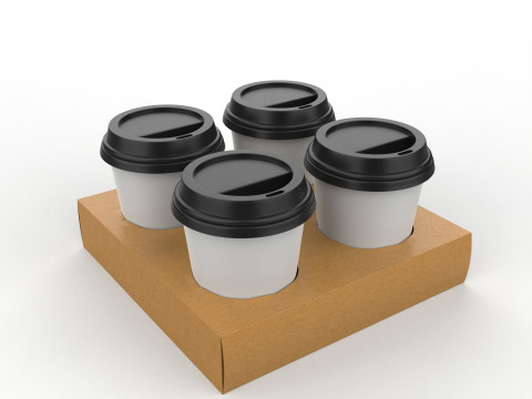 Four Coffee Cups with Kraft Paper Holder 3Dモデル