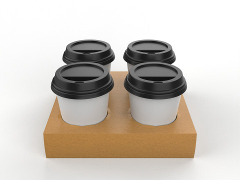 Four Coffee Cups with Kraft Paper Holder Modèle 3D