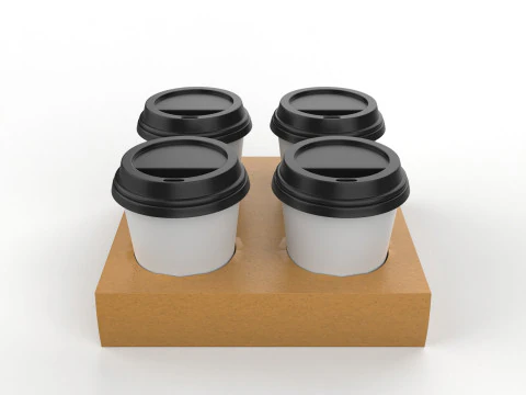 Four Coffee Cups with Kraft Paper Holder 3D Model