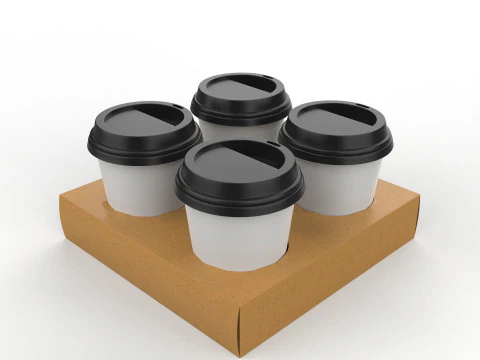 Four Coffee Cups with Kraft Paper Holder 3D Model
