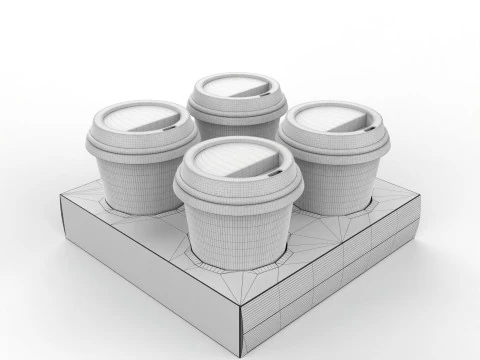 Four Coffee Cups with Kraft Paper Holder 3D Model