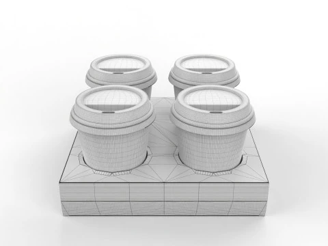 Four Coffee Cups with Kraft Paper Holder 3D Model
