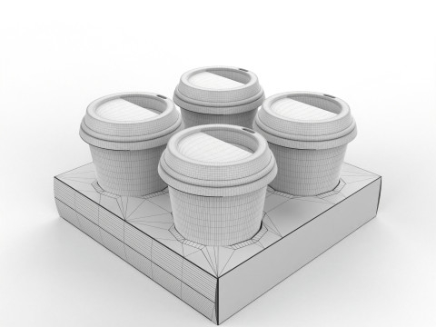 Four Coffee Cups with Kraft Paper Holder Modèle 3D