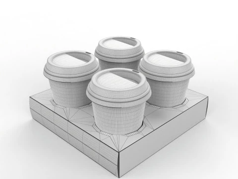 Four Coffee Cups with Kraft Paper Holder 3D Model