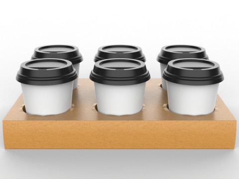 Six Coffee Cups with Kraft Paper Holder 3D Model