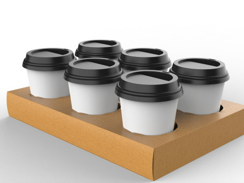 Six Coffee Cups with Kraft Paper Holder 3D Model