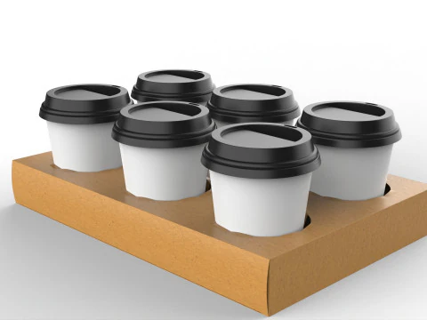 Six Coffee Cups with Kraft Paper Holder 3D Model