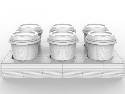 Six Coffee Cups with Kraft Paper Holder 3D Model