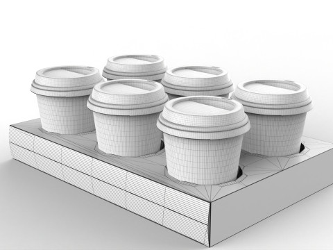 Six Coffee Cups with Kraft Paper Holder 3D Model