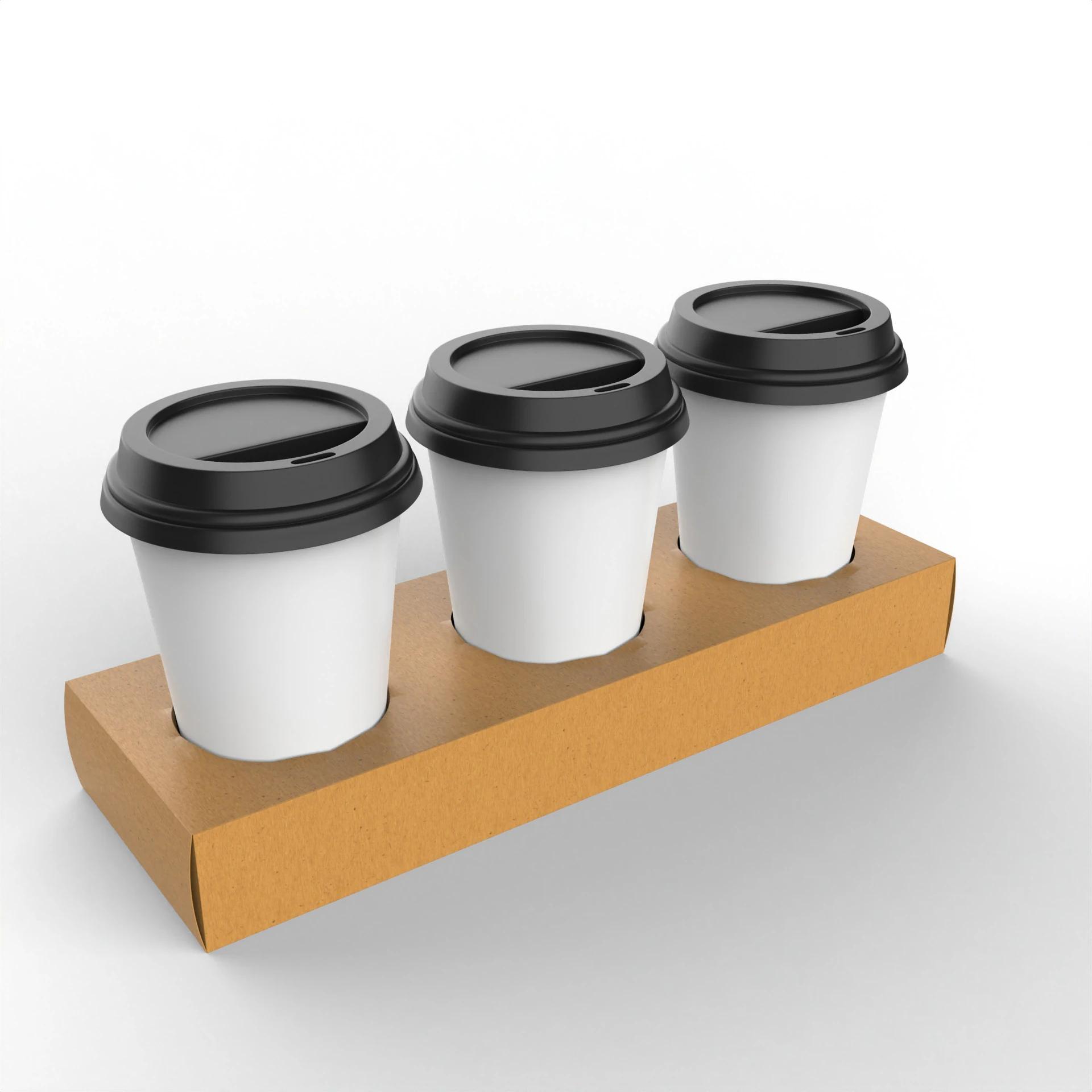 Three Coffee Cups with Kraft Paper Holder 3D Model .c4d .max .obj .3ds .fbx .stl .blend 