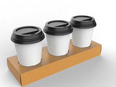 Three Coffee Cups with Kraft Paper Holder 3Dモデル
