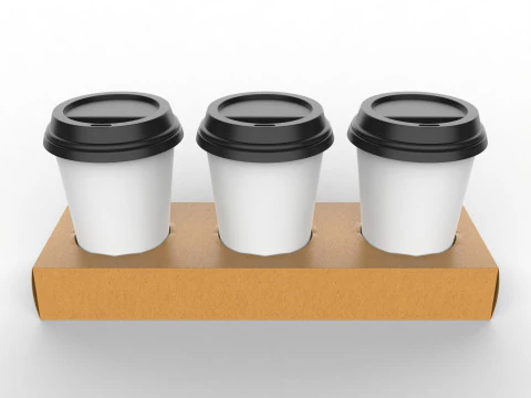 Three Coffee Cups with Kraft Paper Holder 3D Model