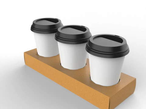 Three Coffee Cups with Kraft Paper Holder 3D Model