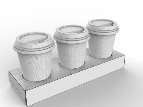 Three Coffee Cups with Kraft Paper Holder 3D Model