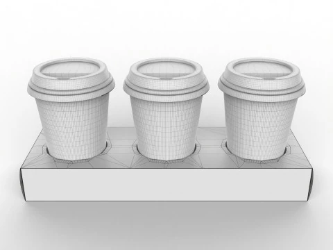 Three Coffee Cups with Kraft Paper Holder 3D Model