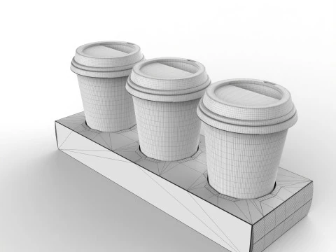 Three Coffee Cups with Kraft Paper Holder 3D Model