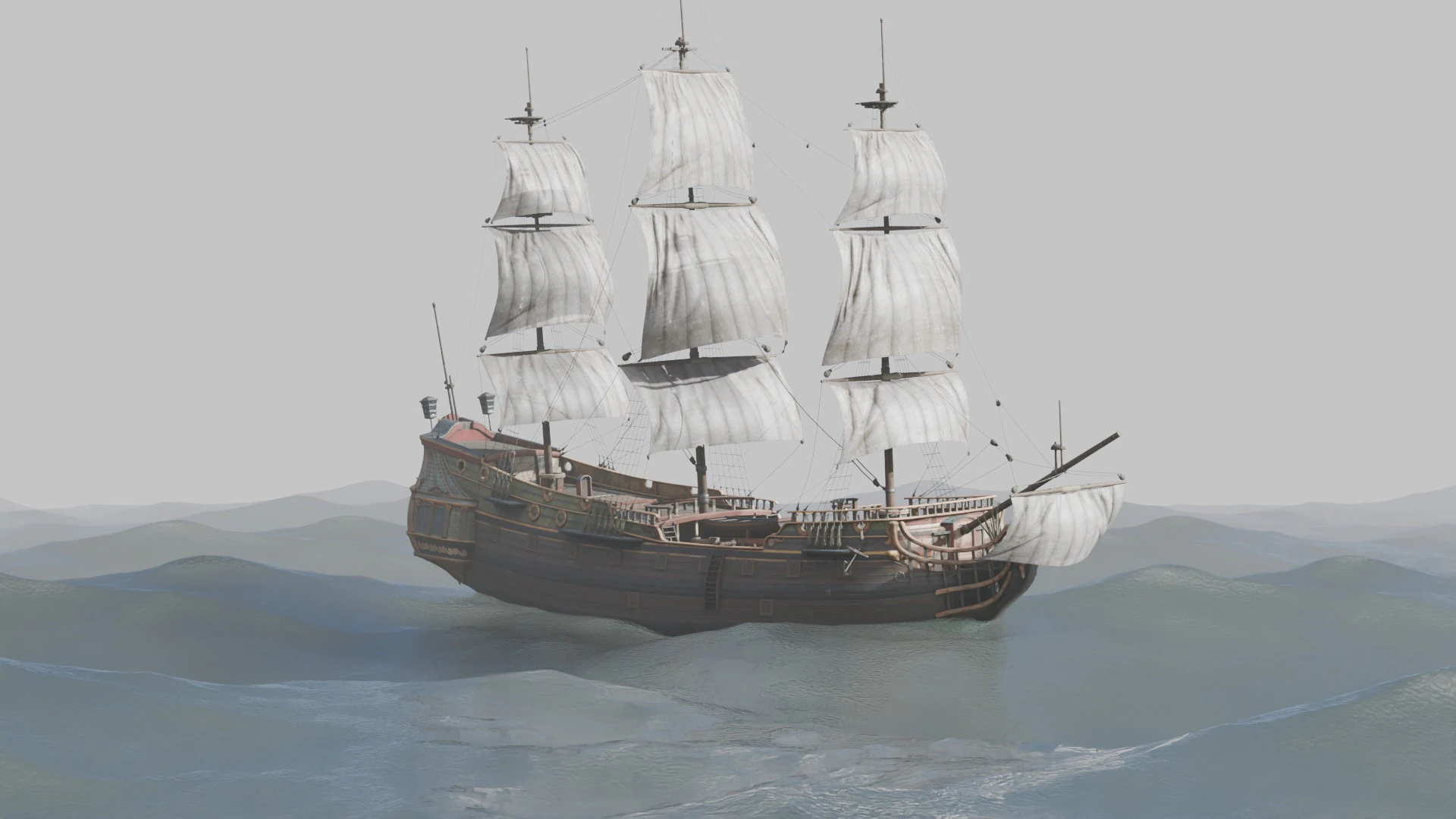 Pirate Ship In The Middle Of The Ocean 3D Model .c4d .max .obj .3ds .fbx .stl .blend