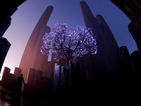 Mystical Glowing Tree in Basalt Pillars Environment 3D Model