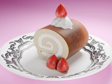 High-Detail Strawberry Swiss Roll Cake with Plate 3D Model