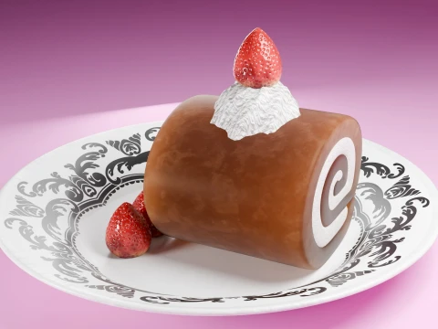 High-Detail Strawberry Swiss Roll Cake with Plate 3D Model