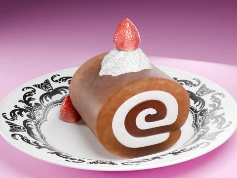 High-Detail Strawberry Swiss Roll Cake with Plate 3D Model
