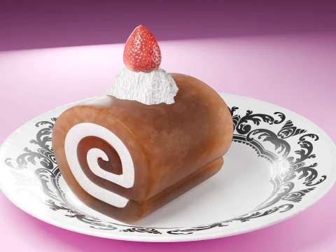 High-Detail Strawberry Swiss Roll Cake with Plate 3D Model