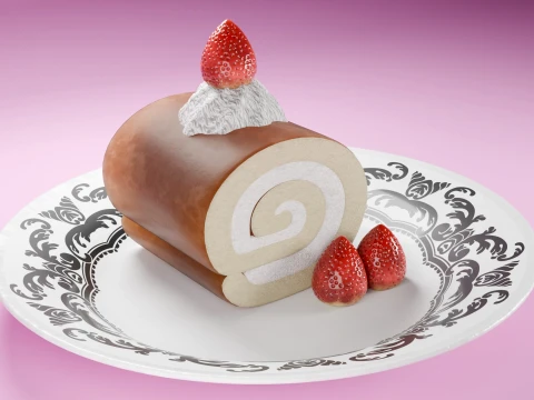 High-Detail Strawberry Swiss Roll Cake with Plate 3D Model