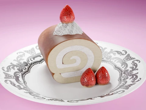 High-Detail Strawberry Swiss Roll Cake with Plate 3D Model