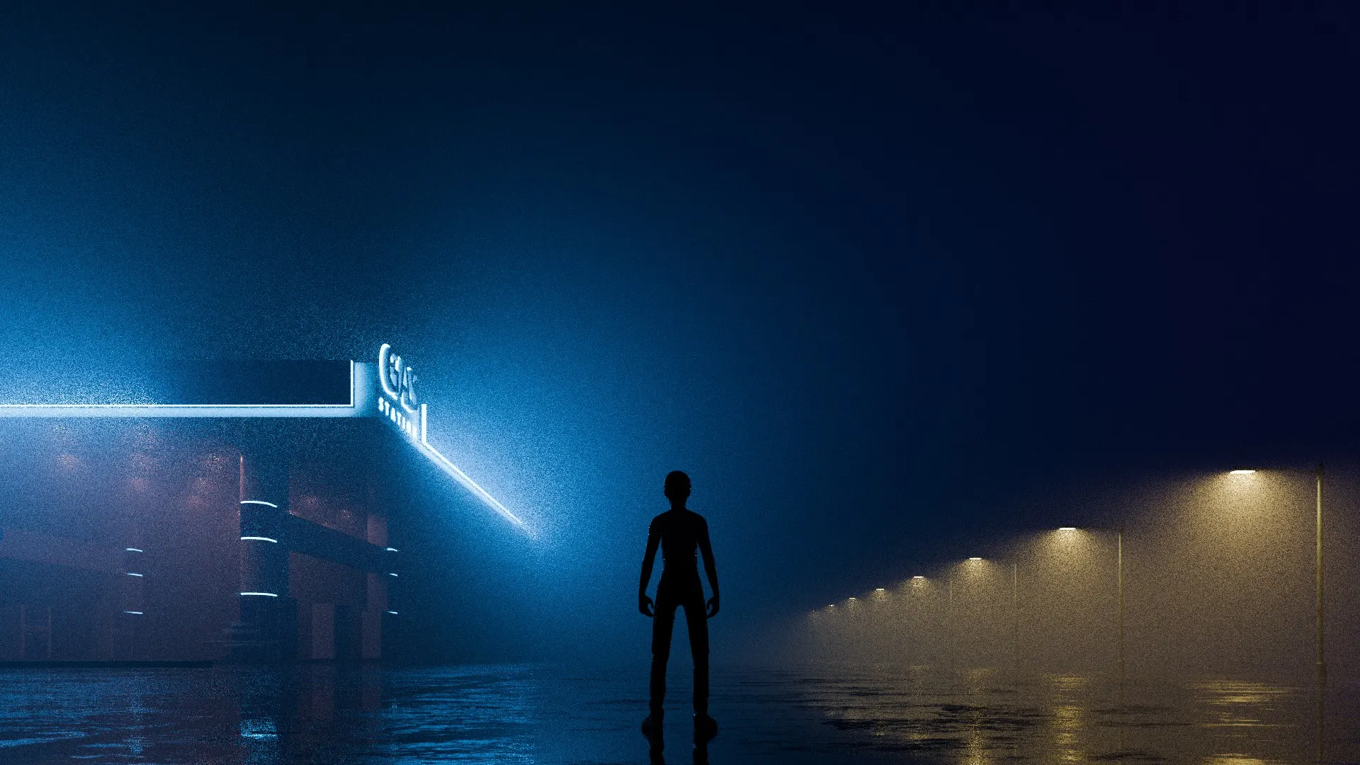 Cinematic Night Gas Station Scene 3D Model .c4d .max .obj .3ds .fbx .stl .blend