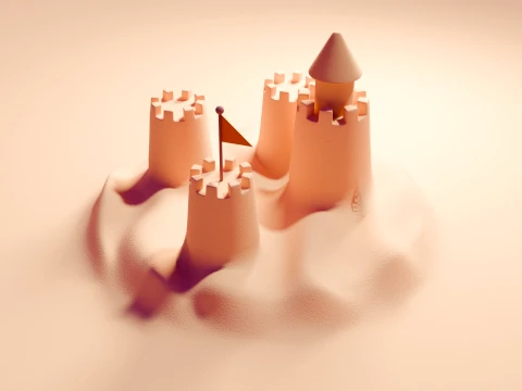 Stylized 3D Sandcastle Model with Flag 3D Модель