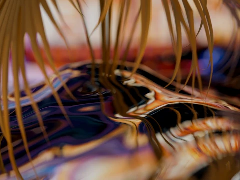 Abstract Iridescent Liquid Surface with Tropical Palm Leaves 3D Model