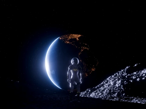 Astronaut on Lunar Surface and Earth View Scene 3D Model