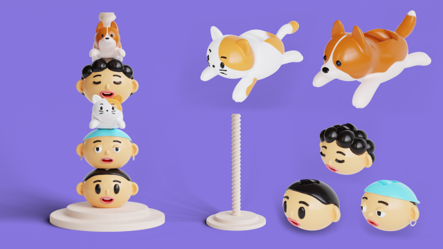 Desk Toy with Screw Stand Cat Dog Faces 3D Baskı Modeli .c4d .max .obj .3ds .fbx .stl .blend 