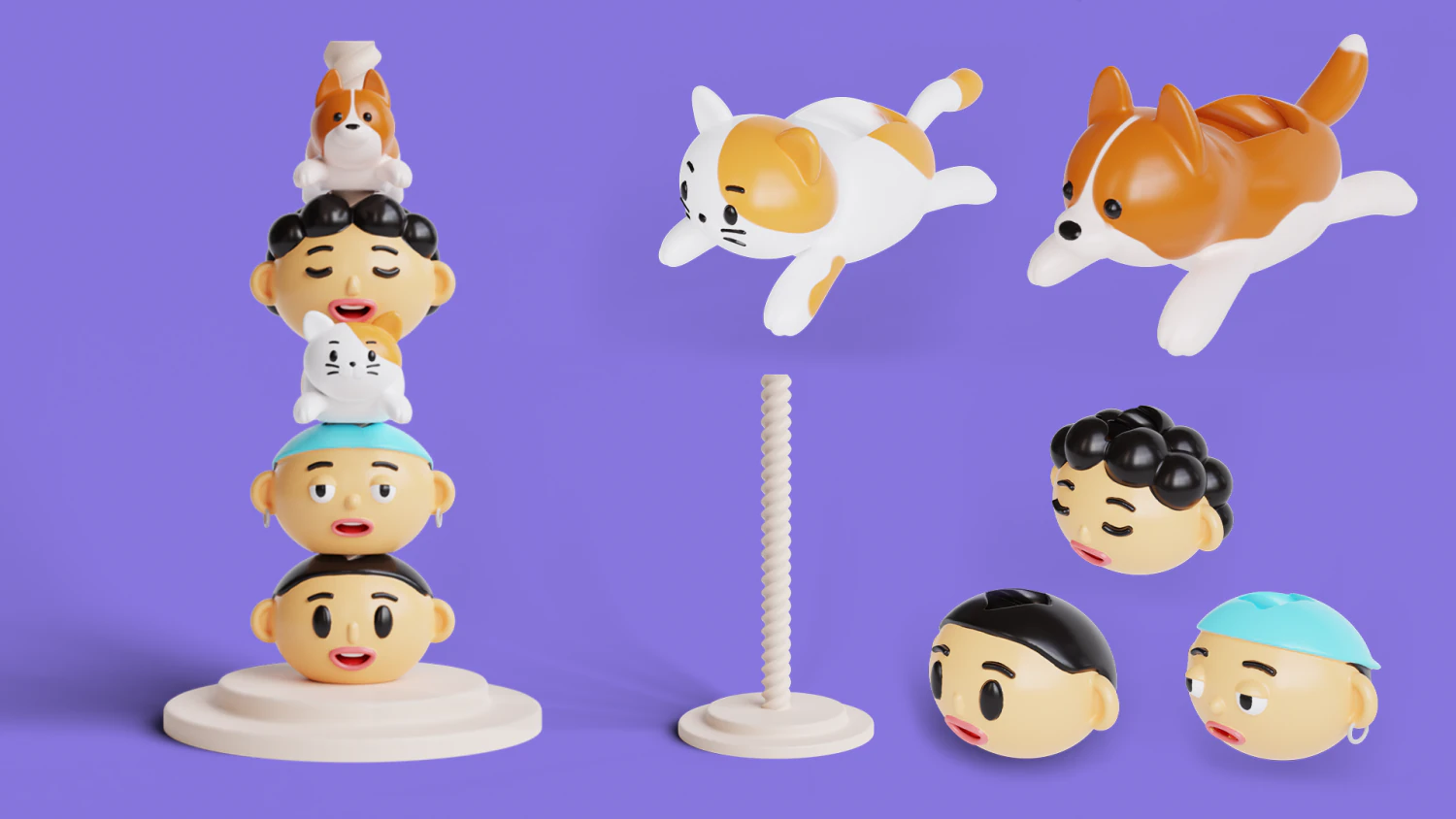 Desk Toy with Screw Stand Cat Dog Faces 3D Print Model .c4d .max .obj .3ds .fbx .stl .blend