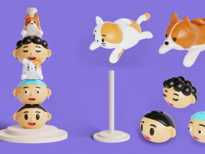 Desk Toy with Screw Stand Cat Dog Faces 3D Print Model