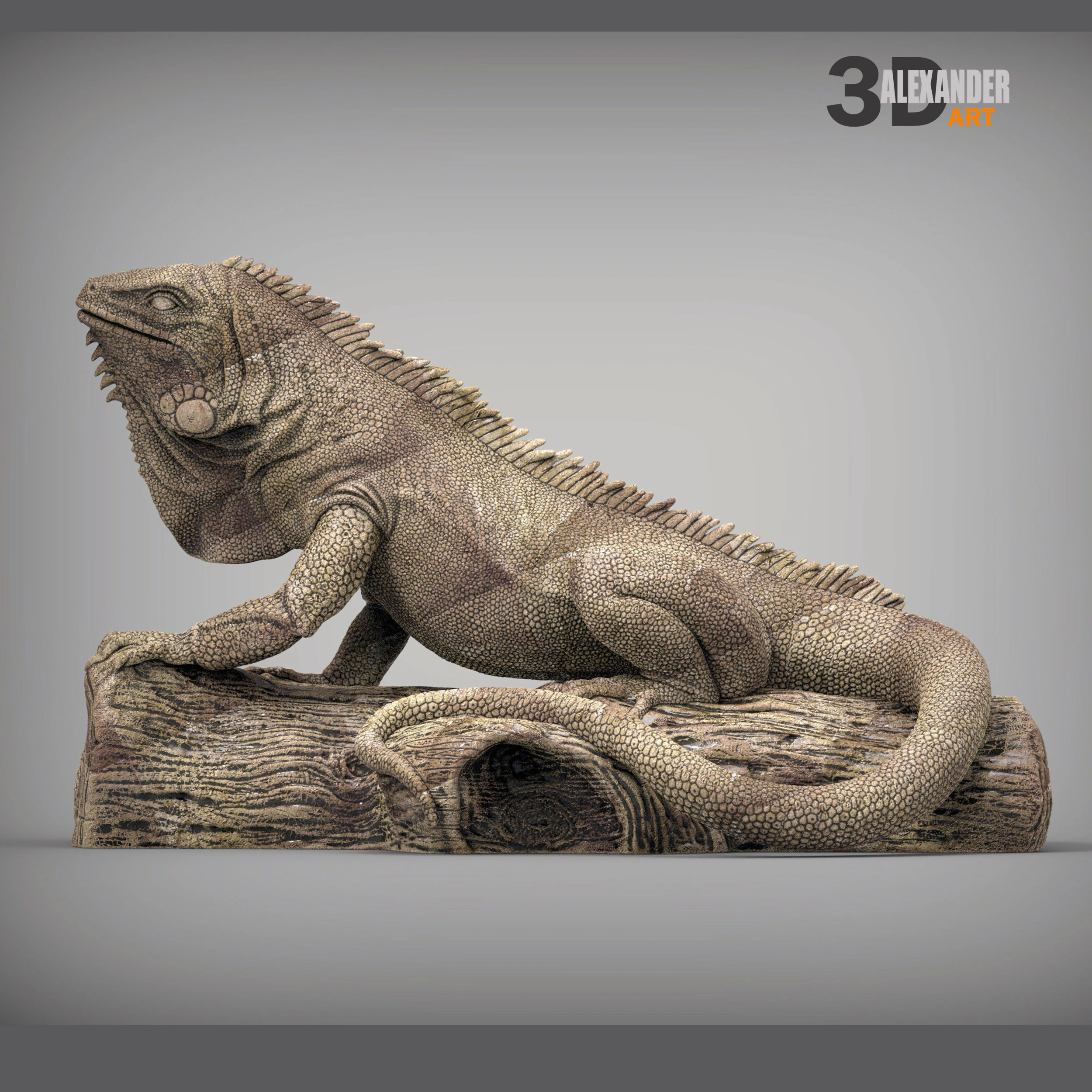 日志上的鬣蜥 3D 打印模型 .c4d .max .obj .3ds .fbx .stl .blend 