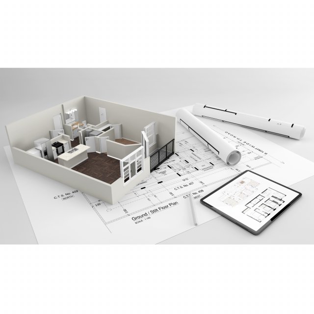 house with architecture drawing sheet 3D Model .c4d .max .obj .3ds .fbx .stl .blend 